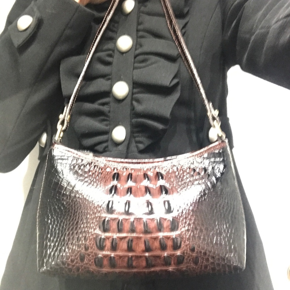 Brahmin Brown and Black Croc-Embossed Shoulder Bag with Gloss Finish